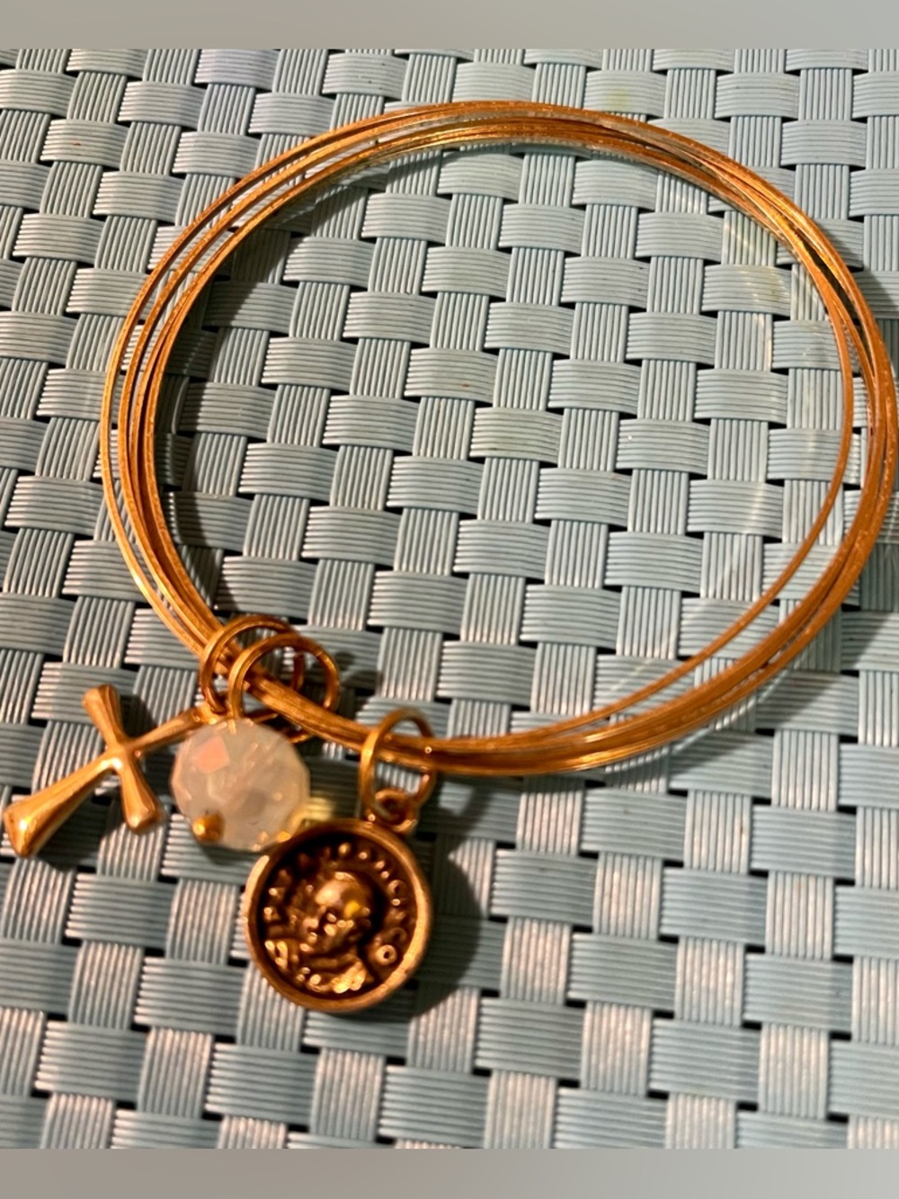 Nice & Bells 18k GP Bangle Bracelet with Cross, Crystal and Pope Charms
